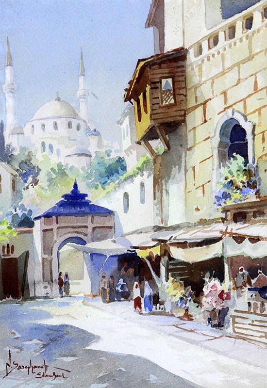 A pair of watercolour views of Istanbul 42 x 28cm.